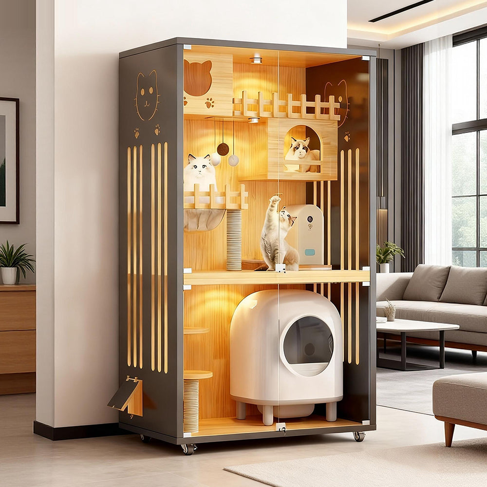 Eeeza Luxury Cat Villa – Multi-Layer Cabinet with Glass Doors and LED Light