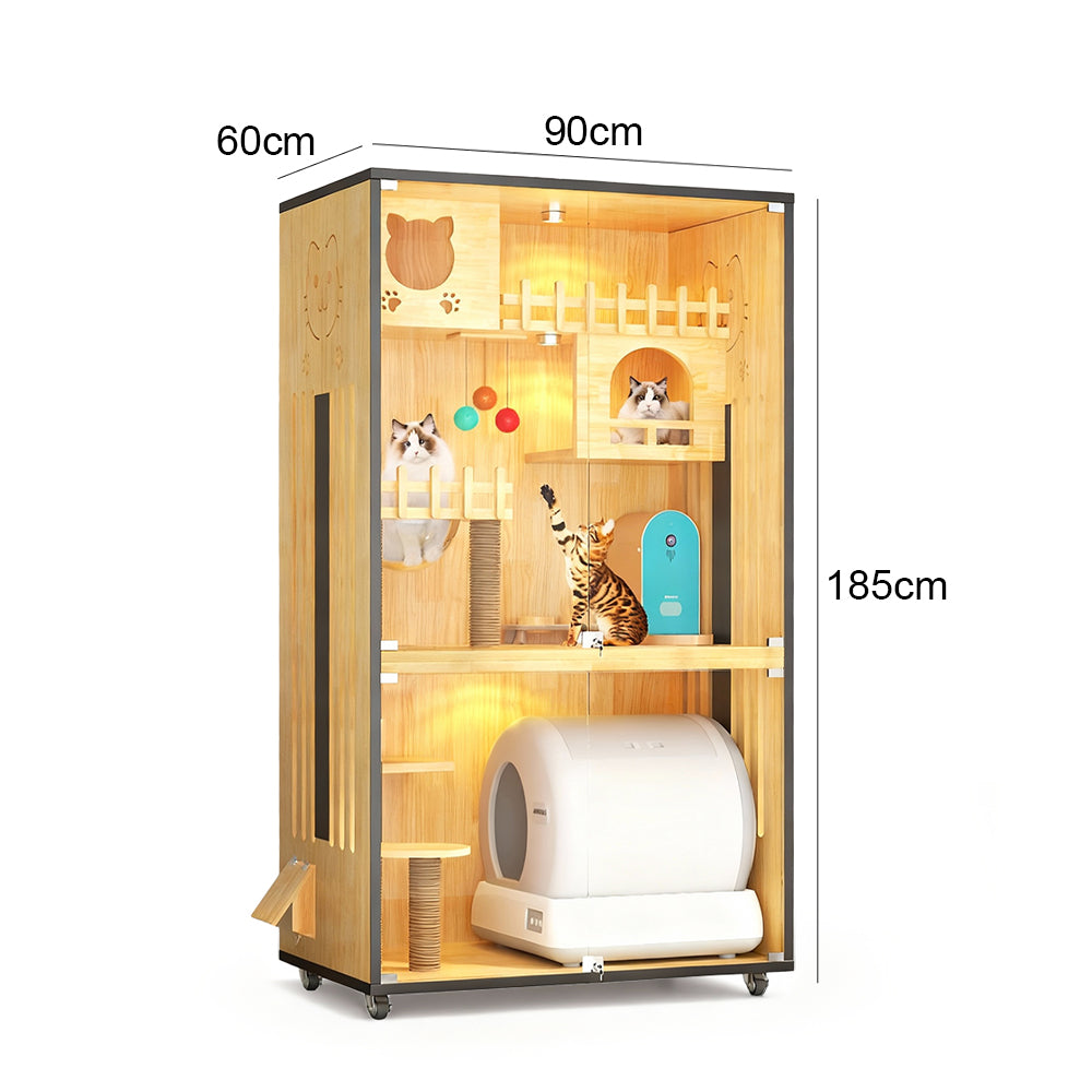 Eeeza Luxury Cat Villa – Multi-Layer Cabinet with Glass Doors and LED Light