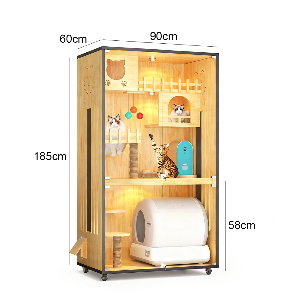Eeeza Luxury Cat Villa – Multi-Layer Cabinet with Glass Doors and LED Light