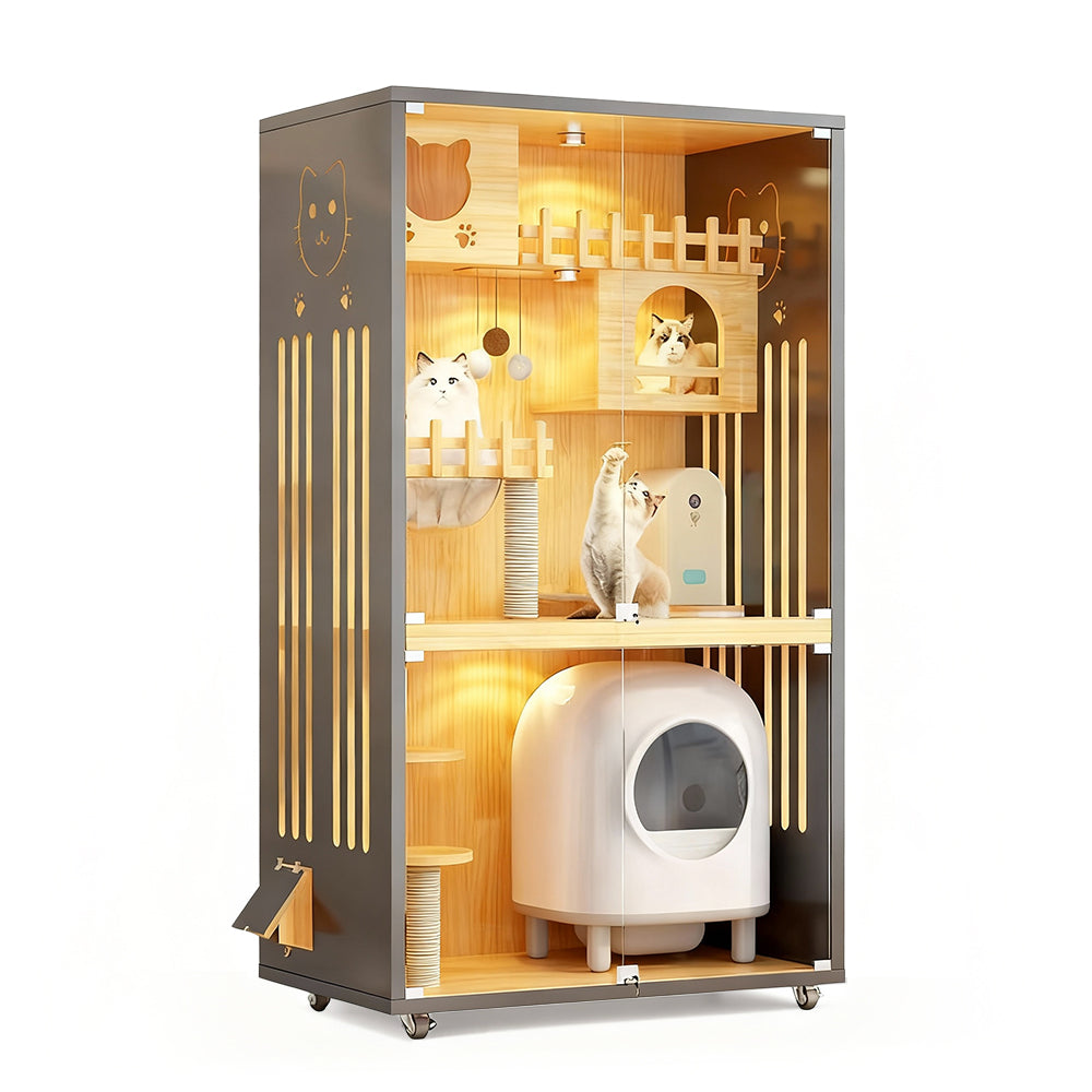 Eeeza Luxury Cat Villa – Multi-Layer Cabinet with Glass Doors and LED Light