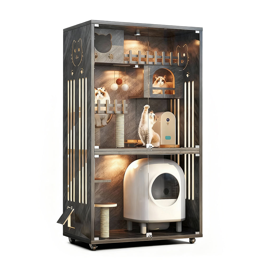 Eeeza Luxury Cat Villa – Multi-Layer Cabinet with Glass Doors and LED Light