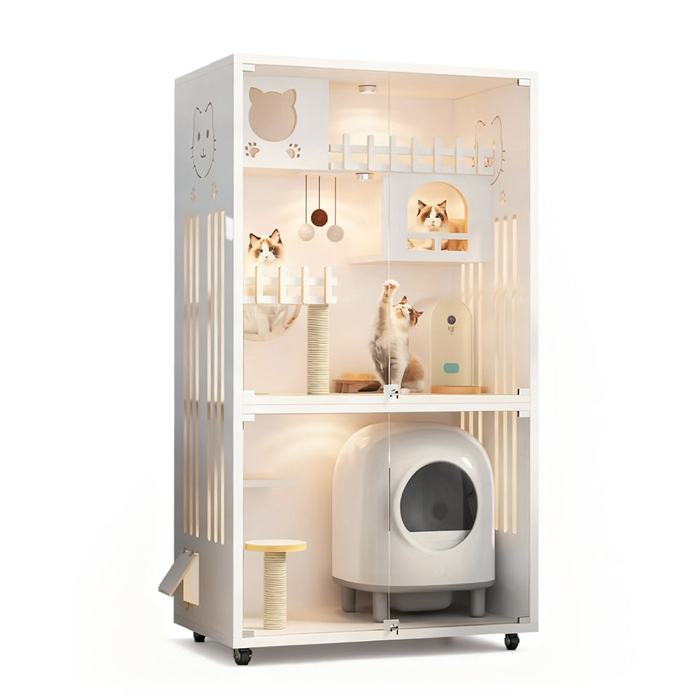 Eeeza Luxury Cat Villa – Multi-Layer Cabinet with Glass Doors and LED Light