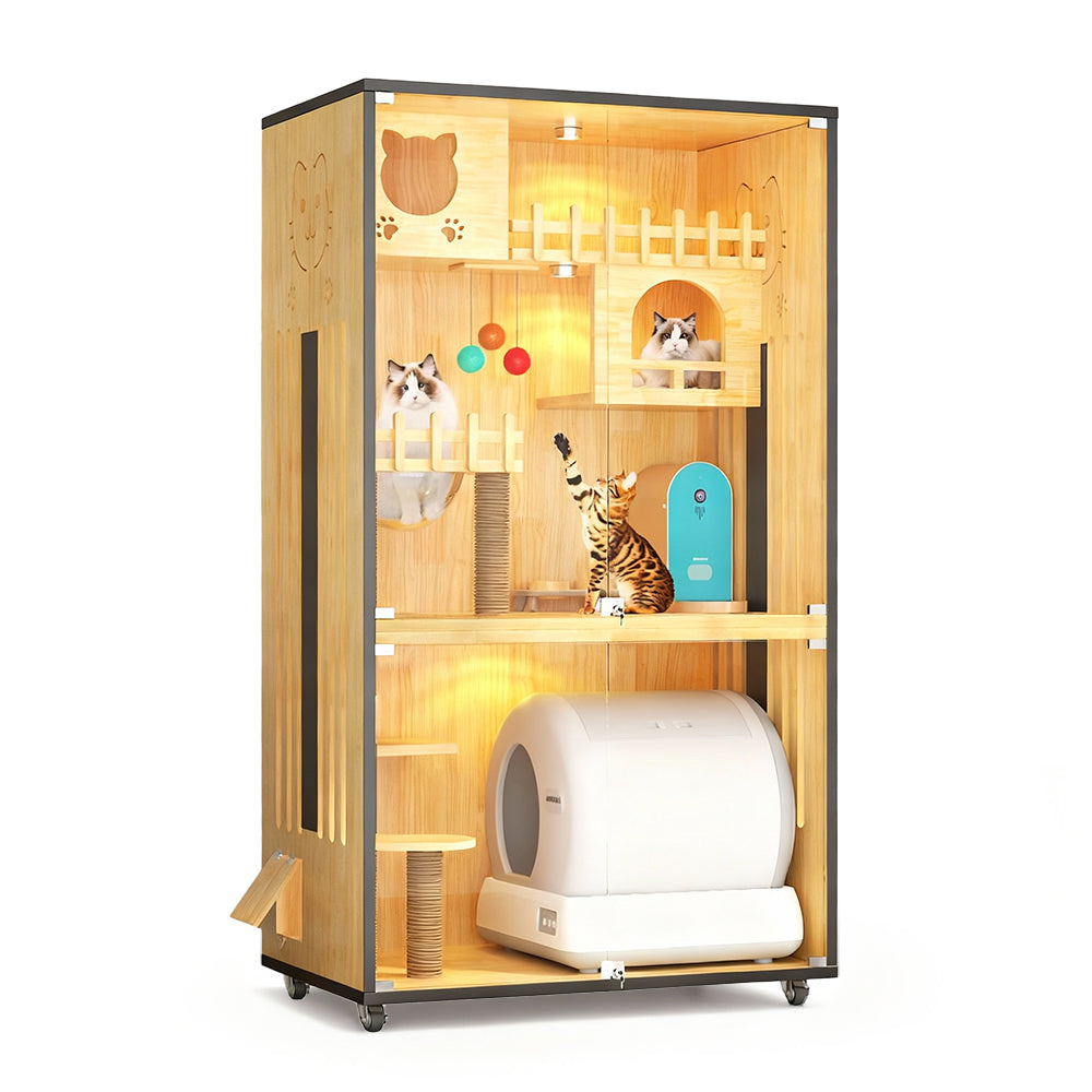 Eeeza Luxury Cat Villa – Multi-Layer Cabinet with Glass Doors and LED Light