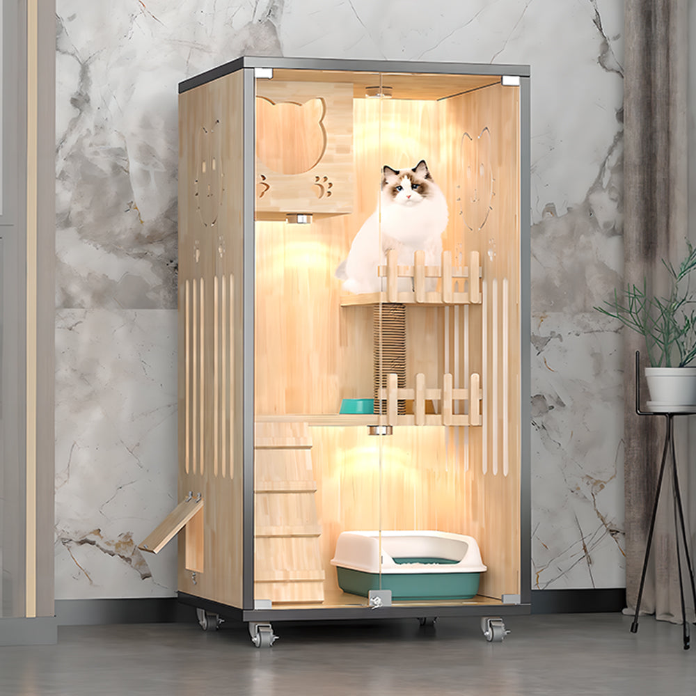 Eeeza Luxury Cat Villa – Multi-Layer Cabinet with Glass Doors and LED Light