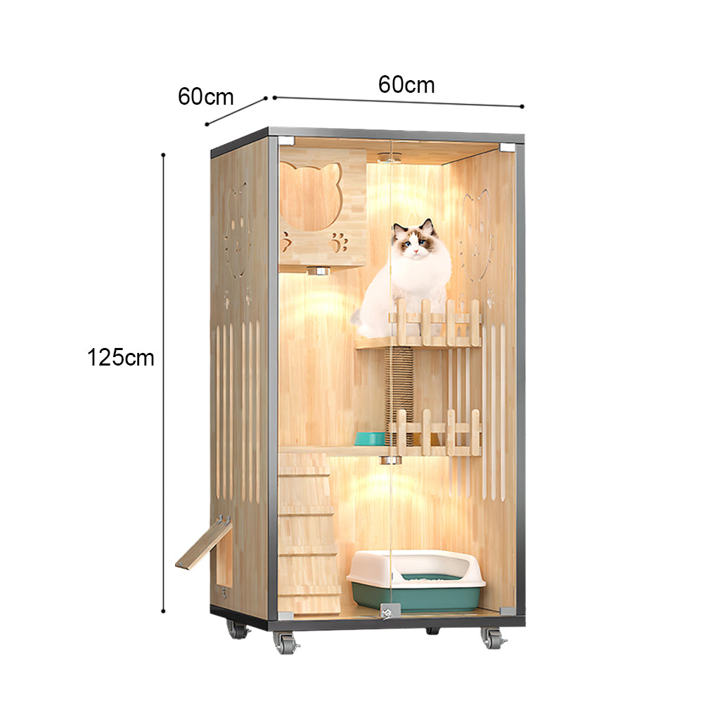 Eeeza Luxury Cat Villa – Multi-Layer Cabinet with Glass Doors and LED Light