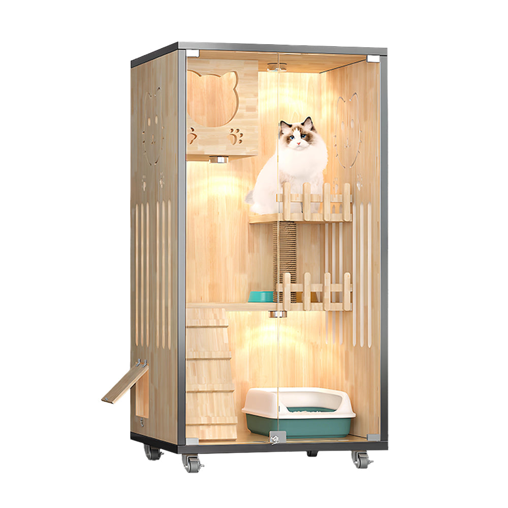 Eeeza Luxury Cat Villa – Multi-Layer Cabinet with Glass Doors and LED Light