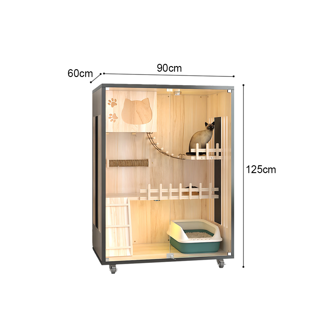 Eeeza Luxury Cat Villa – Multi-Layer Cabinet with Glass Doors and LED Light