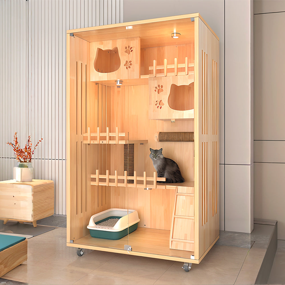 Eeeza Luxury Cat Villa – Multi-Layer Cabinet with Glass Doors and LED Light