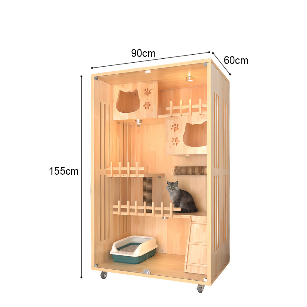 Eeeza Luxury Cat Villa – Multi-Layer Cabinet with Glass Doors and LED Light