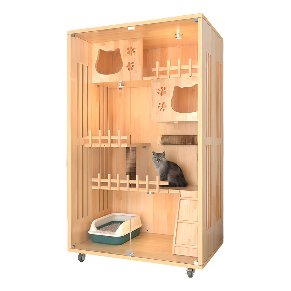 Eeeza Luxury Cat Villa – Multi-Layer Cabinet with Glass Doors and LED Light