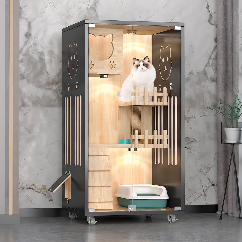 Eeeza Luxury Cat Villa – Multi-Layer Cabinet with Glass Doors and LED Light