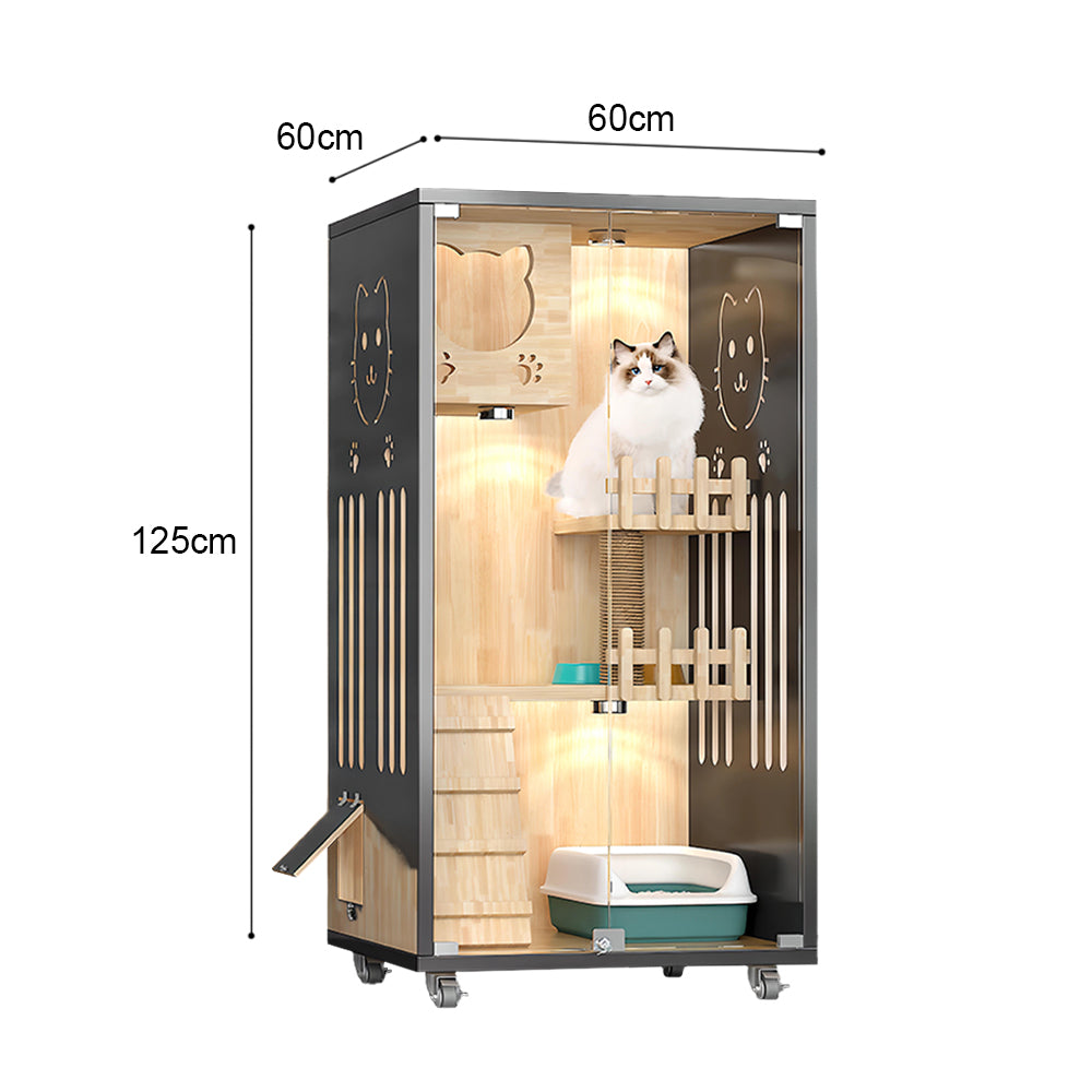Eeeza Luxury Cat Villa – Multi-Layer Cabinet with Glass Doors and LED Light