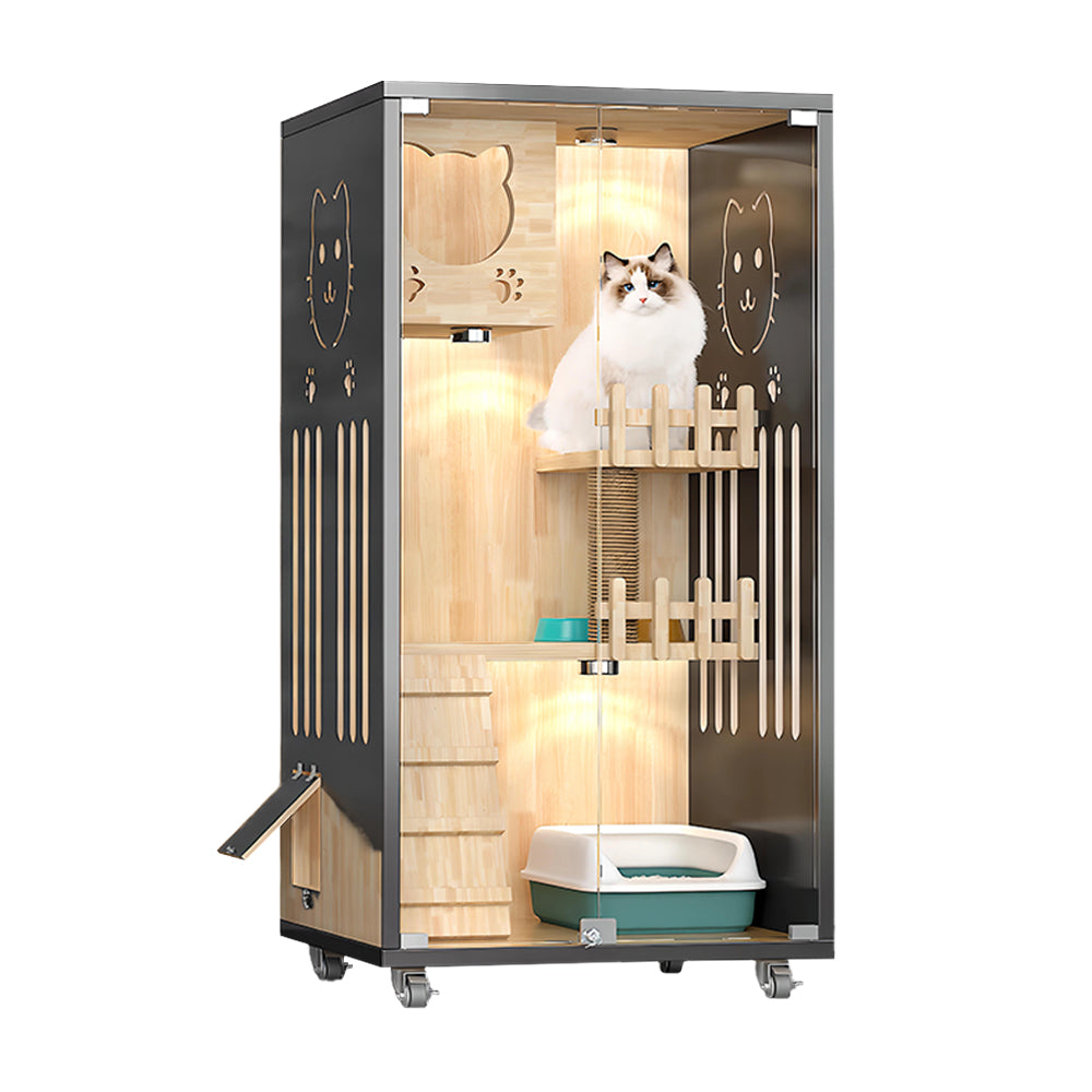 Eeeza Luxury Cat Villa – Multi-Layer Cabinet with Glass Doors and LED Light