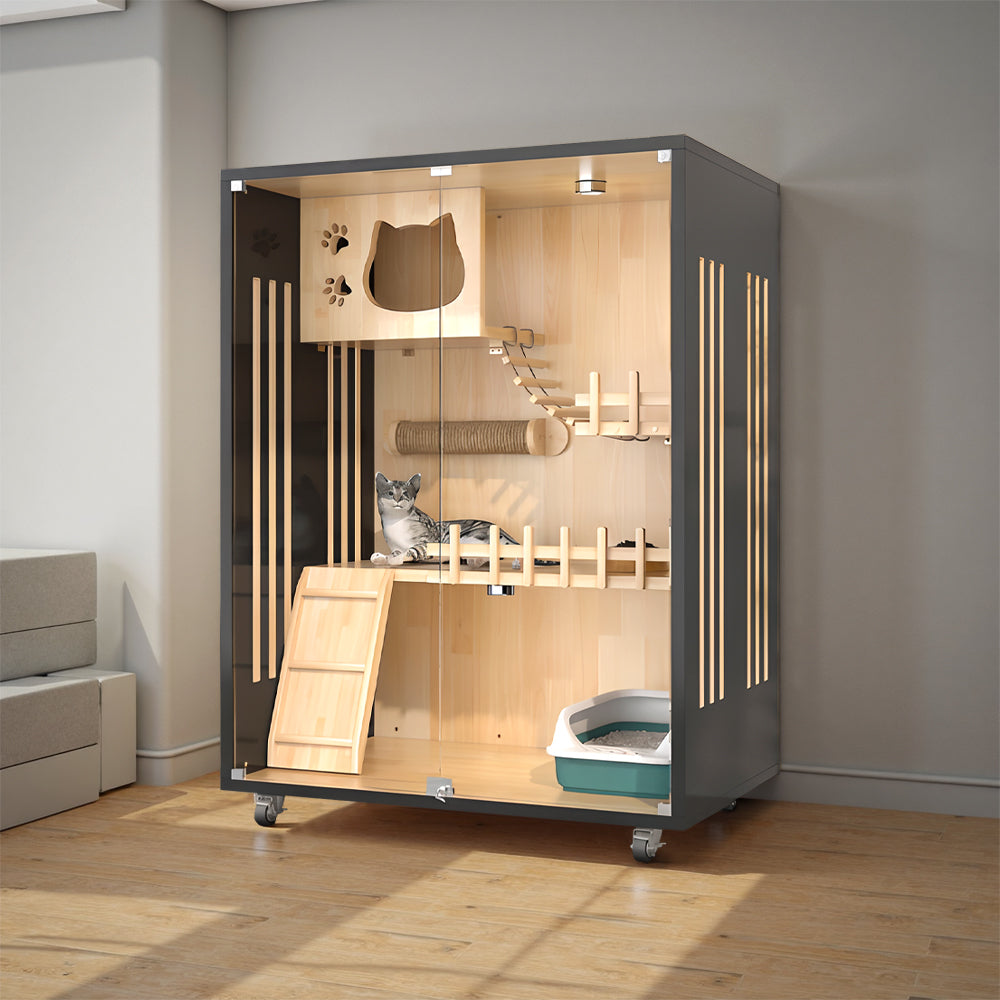Eeeza Luxury Cat Villa – Multi-Layer Cabinet with Glass Doors and LED Light