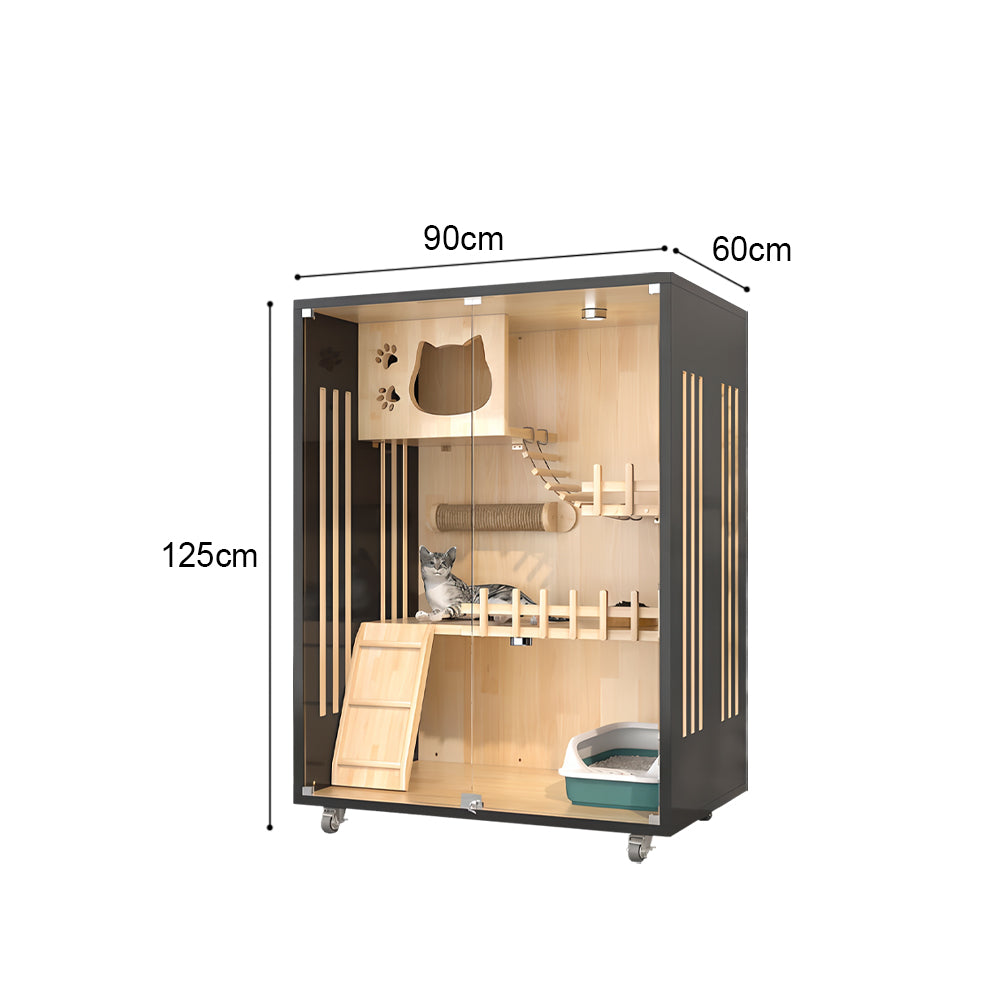 Eeeza Luxury Cat Villa – Multi-Layer Cabinet with Glass Doors and LED Light