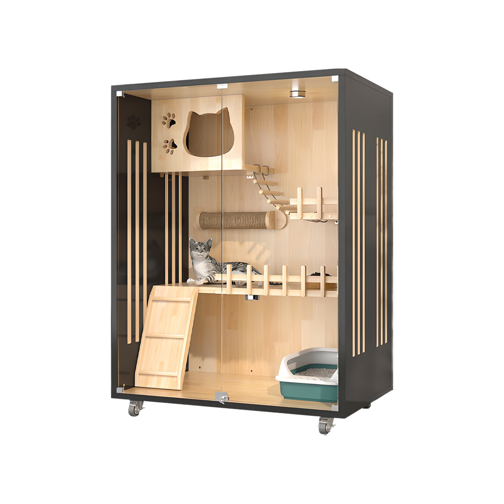 Eeeza Luxury Cat Villa – Multi-Layer Cabinet with Glass Doors and LED Light