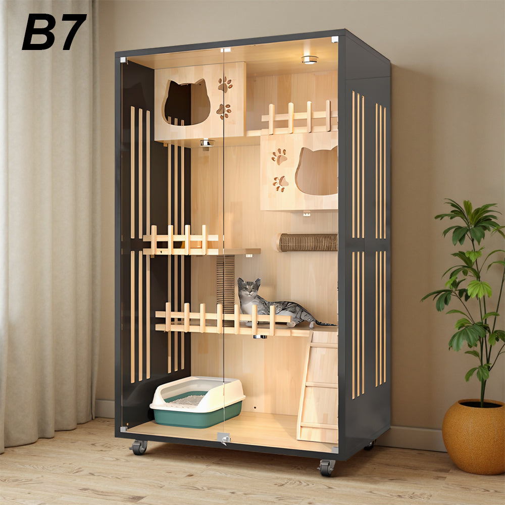 Eeeza Luxury Cat Villa – Multi-Layer Cabinet with Glass Doors and LED Light