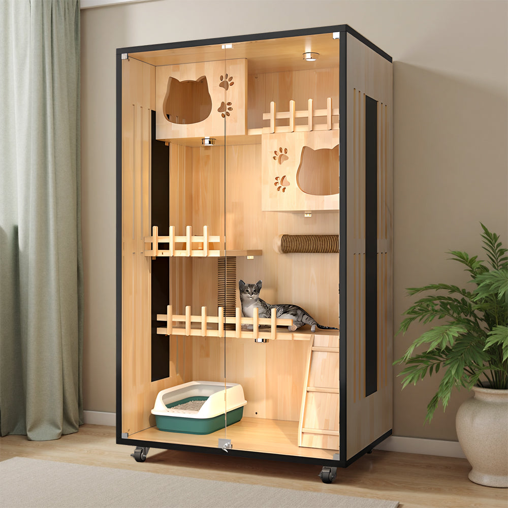 Eeeza Luxury Cat Villa – Multi-Layer Cabinet with Glass Doors and LED Light