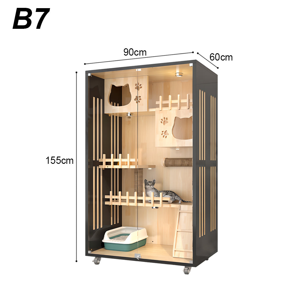 Eeeza Luxury Cat Villa – Multi-Layer Cabinet with Glass Doors and LED Light