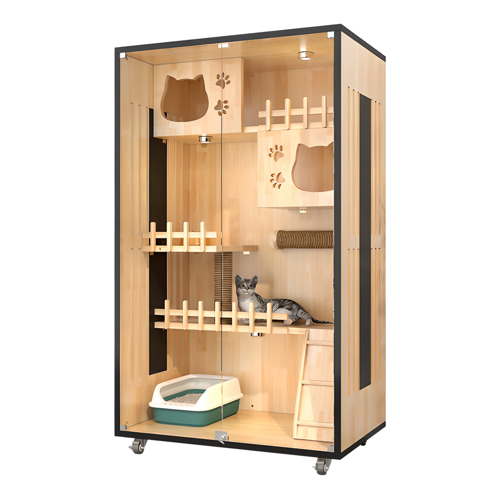 Eeeza Luxury Cat Villa – Multi-Layer Cabinet with Glass Doors and LED Light
