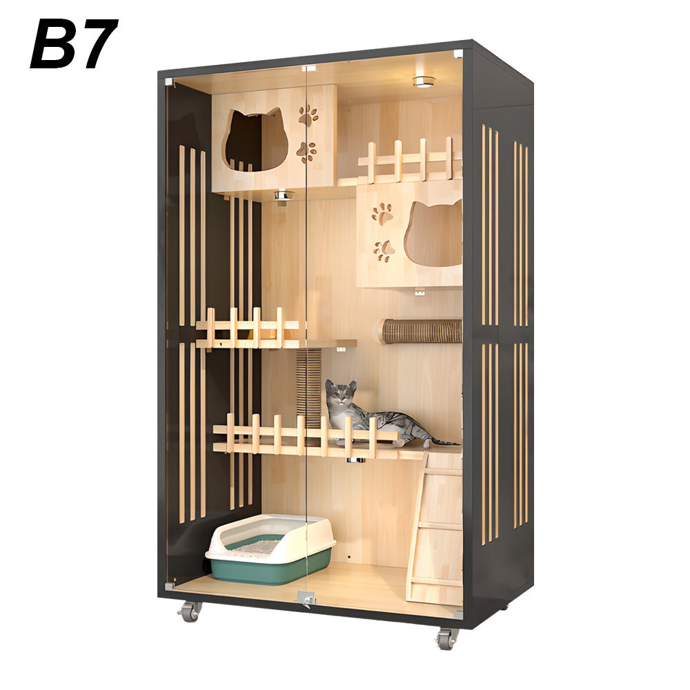 Eeeza Luxury Cat Villa – Multi-Layer Cabinet with Glass Doors and LED Light