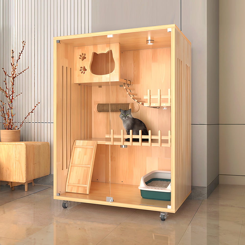 Eeeza Luxury Cat Villa – Multi-Layer Cabinet with Glass Doors and LED Light