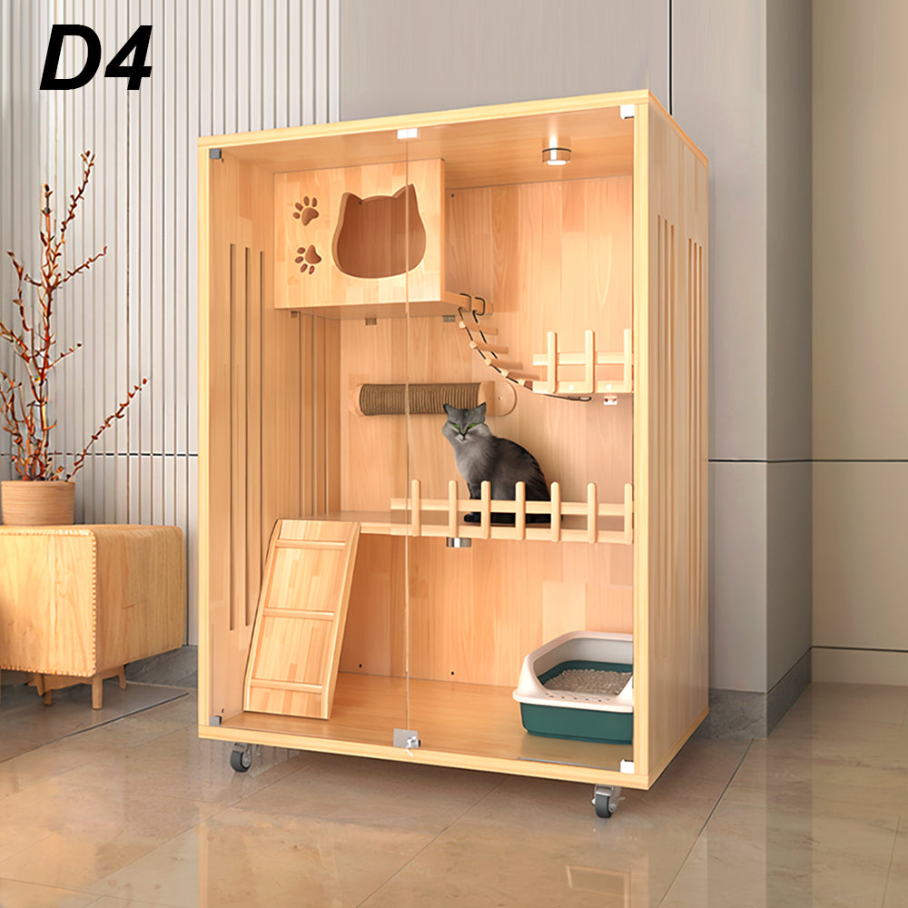 Eeeza Luxury Cat Villa – Multi-Layer Cabinet with Glass Doors and LED Light