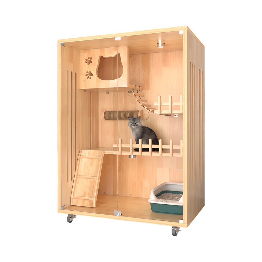 Eeeza Luxury Cat Villa – Multi-Layer Cabinet with Glass Doors and LED Light