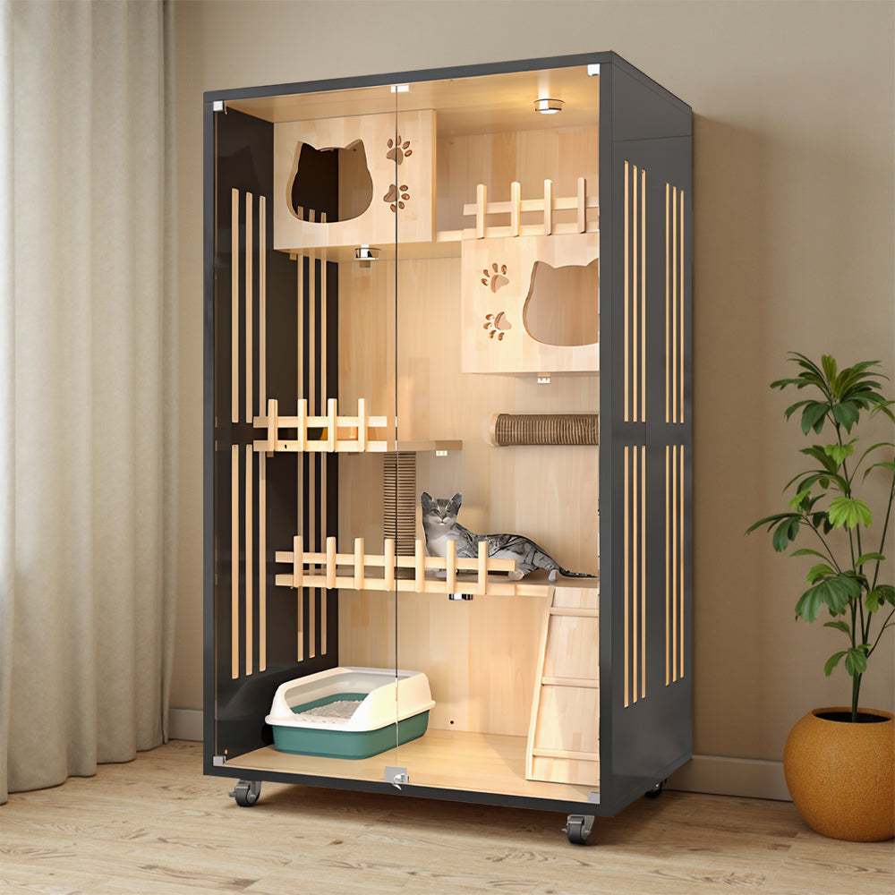Eeeza Luxury Cat Villa – Multi-Layer Cabinet with Glass Doors and LED Light
