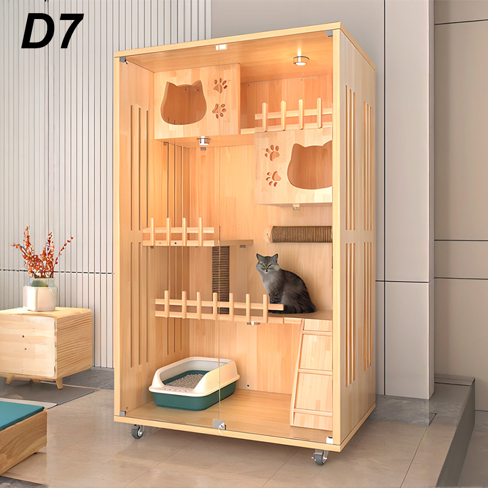 Eeeza Luxury Cat Villa – Multi-Layer Cabinet with Glass Doors and LED Light