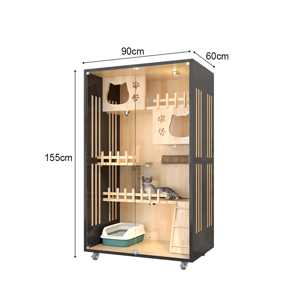 Eeeza Luxury Cat Villa – Multi-Layer Cabinet with Glass Doors and LED Light