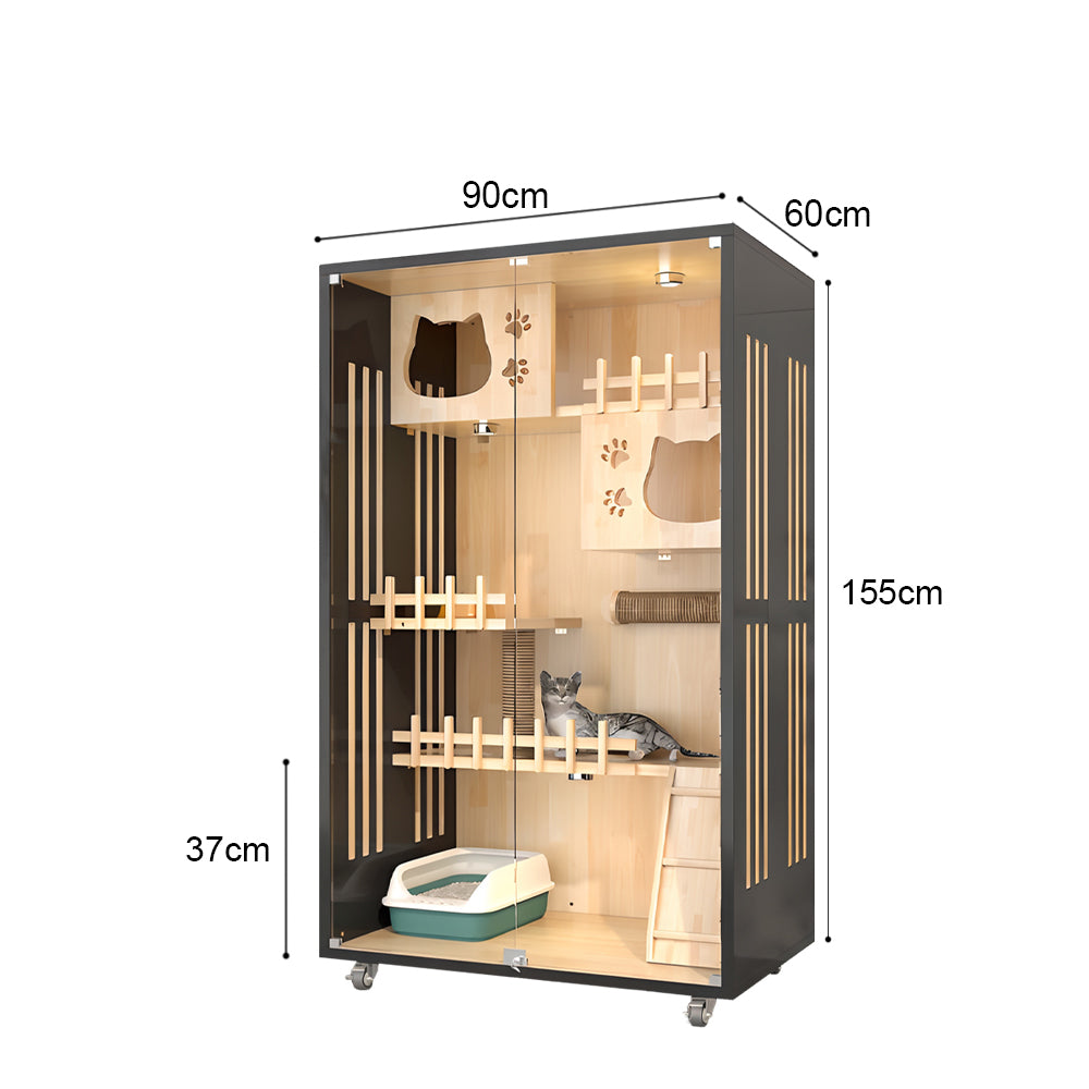 Eeeza Luxury Cat Villa – Multi-Layer Cabinet with Glass Doors and LED Light