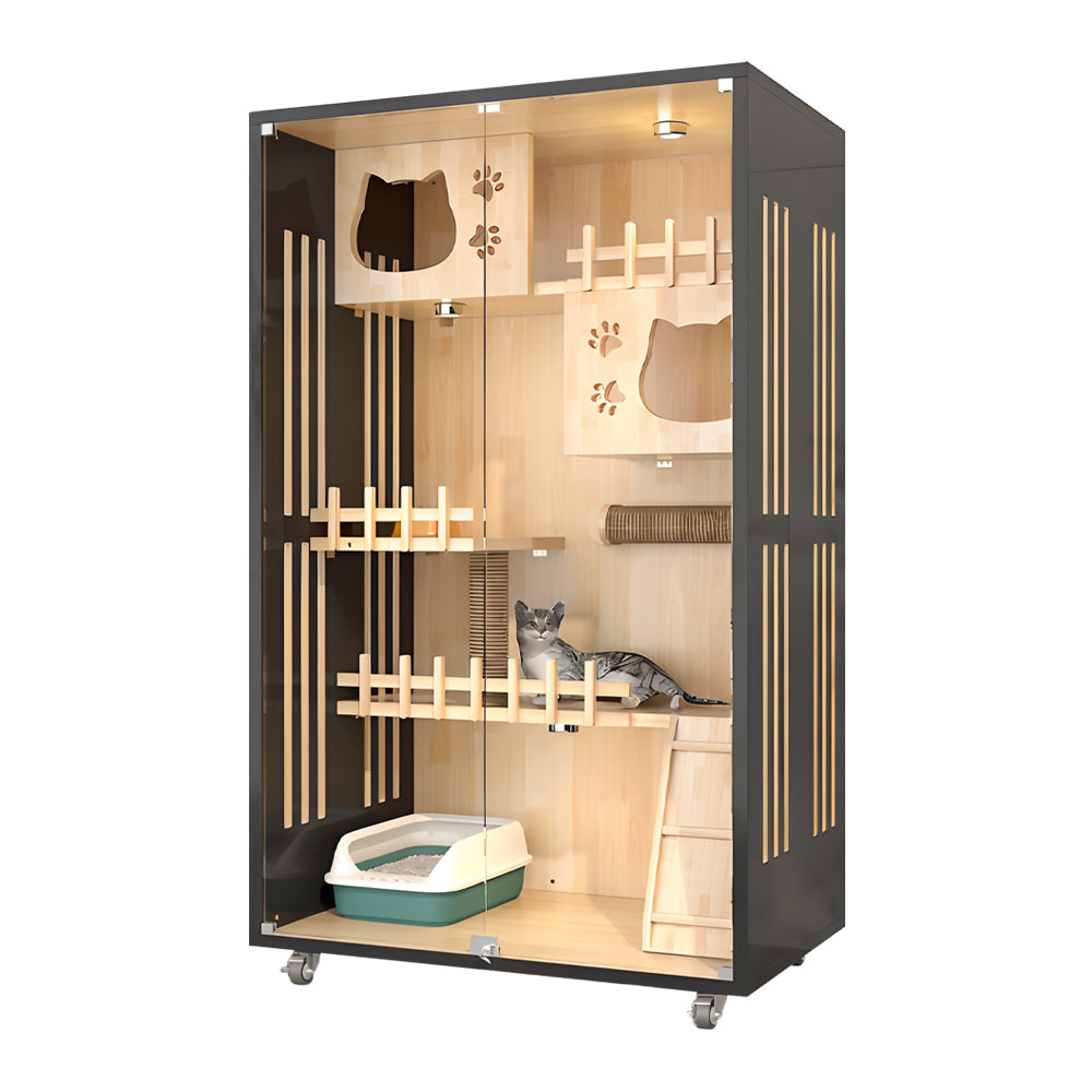 Eeeza Luxury Cat Villa – Multi-Layer Cabinet with Glass Doors and LED Light