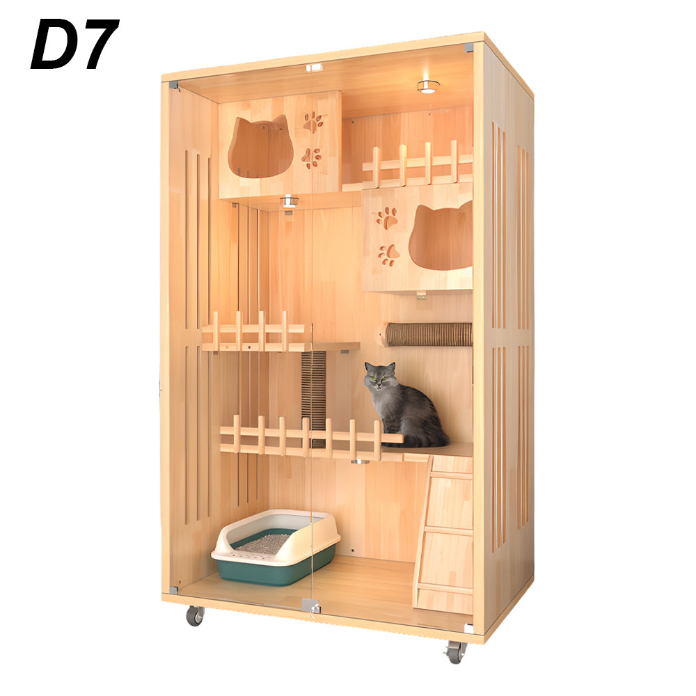 Eeeza Luxury Cat Villa – Multi-Layer Cabinet with Glass Doors and LED Light