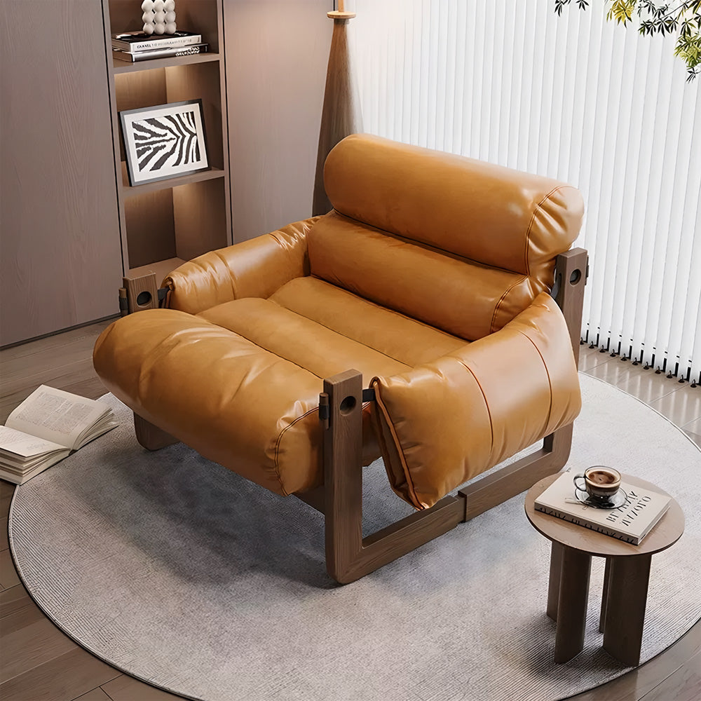 Eeeza Aniline Leather Armchair – Ergonomic Retro Comfort with Solid Wood Frame