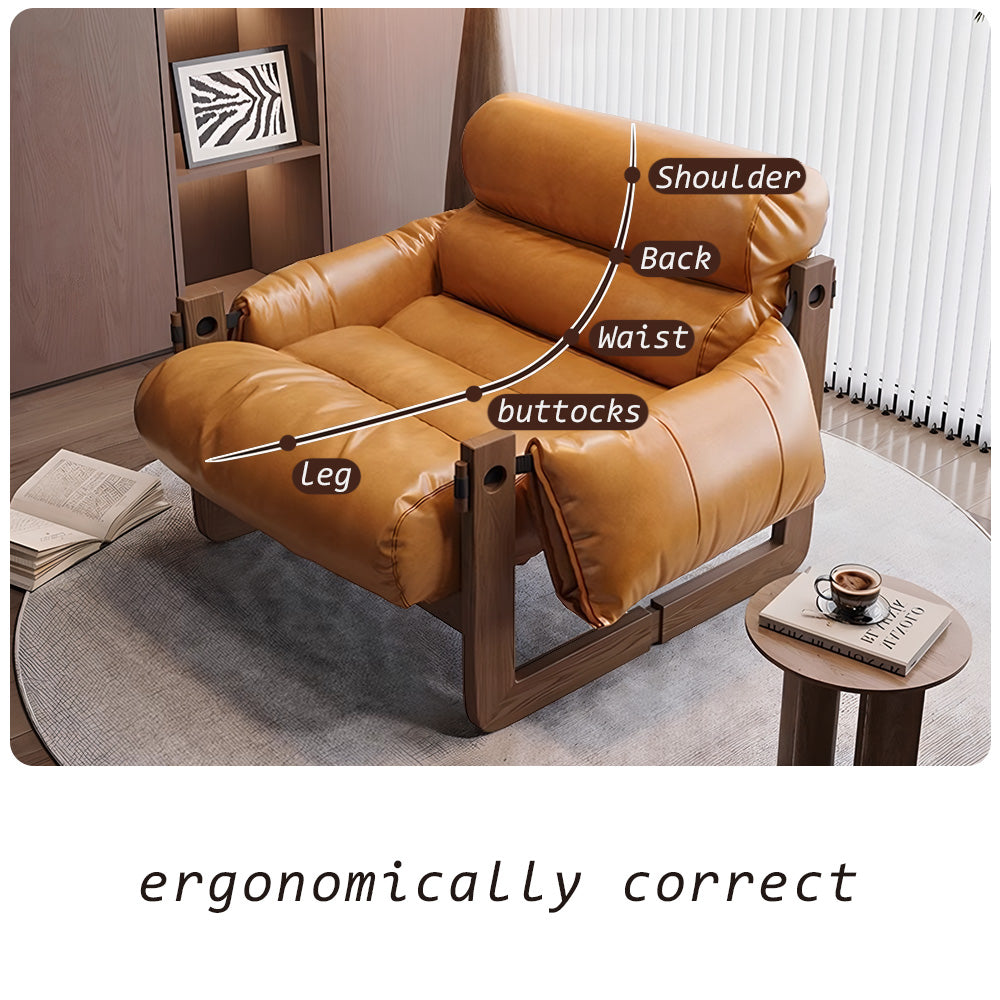 Eeeza Aniline Leather Armchair – Ergonomic Retro Comfort with Solid Wood Frame