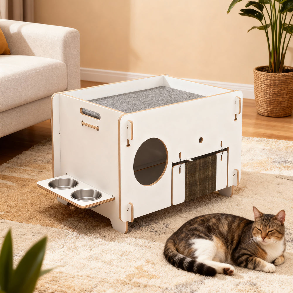 Eeeza Minimalist Double-layer CatNap Side Table With Scratching Board And PVC Litter Box