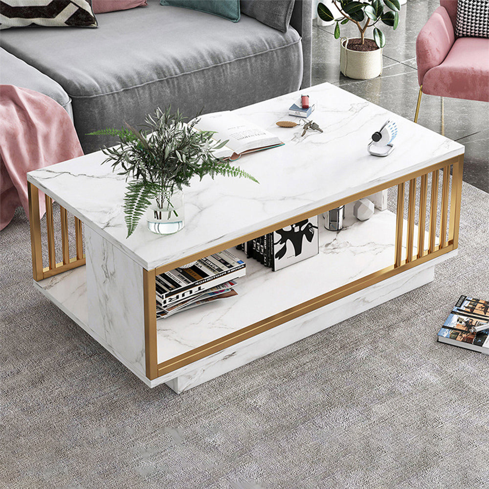 Eeeza Modern Faux Marble Coffee Table – Dual-Layer Storage, Gold Frame, 100/120cm Sizes