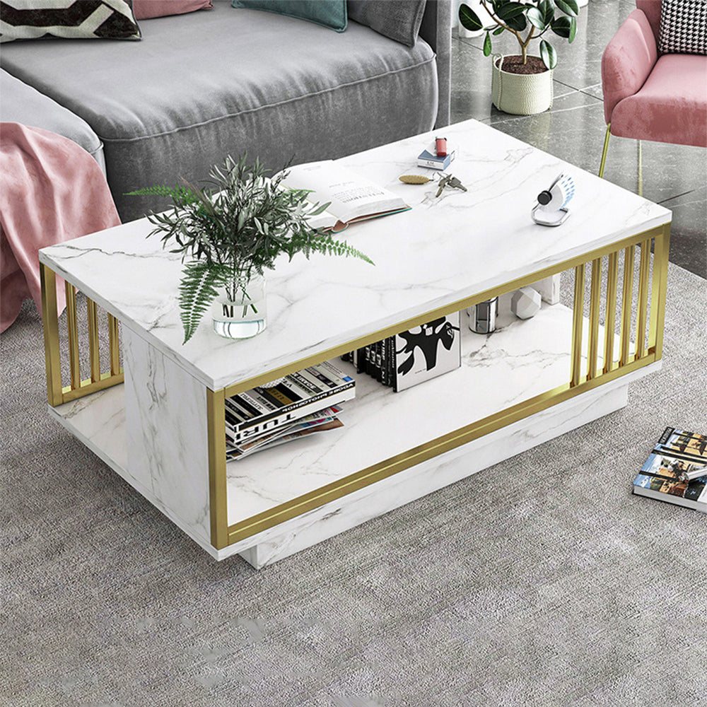 Eeeza Modern Faux Marble Coffee Table – Dual-Layer Storage, Gold Frame, 100/120cm Sizes