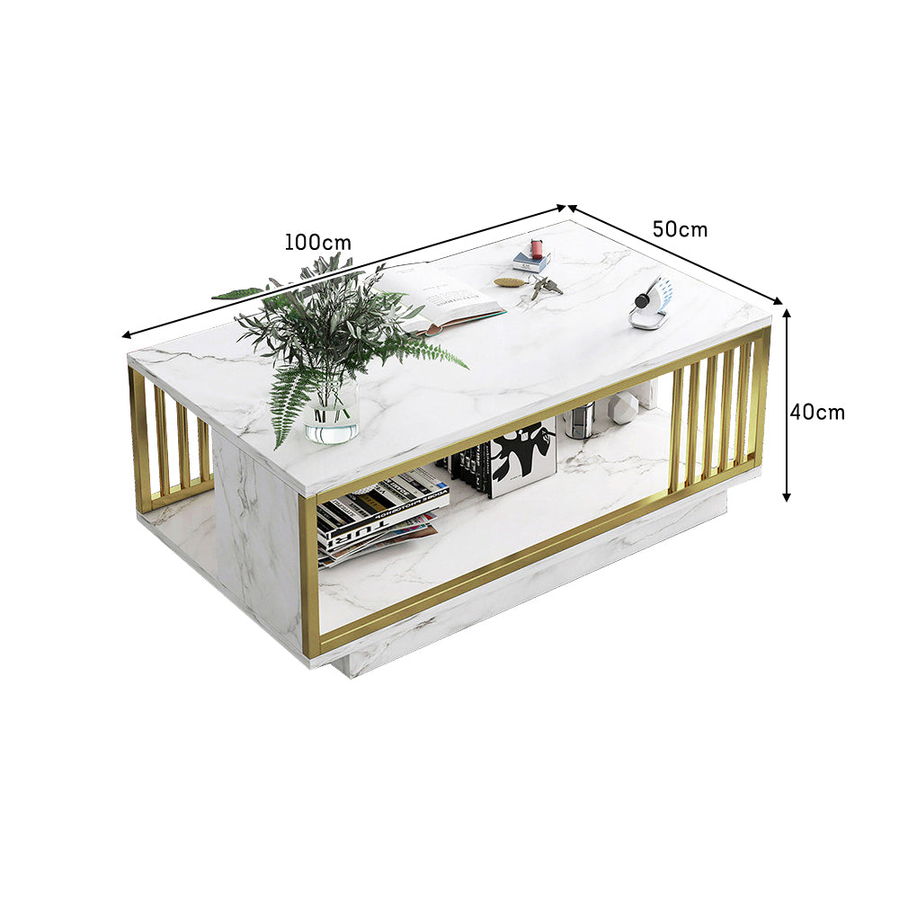 Eeeza Modern Faux Marble Coffee Table – Dual-Layer Storage, Gold Frame, 100/120cm Sizes