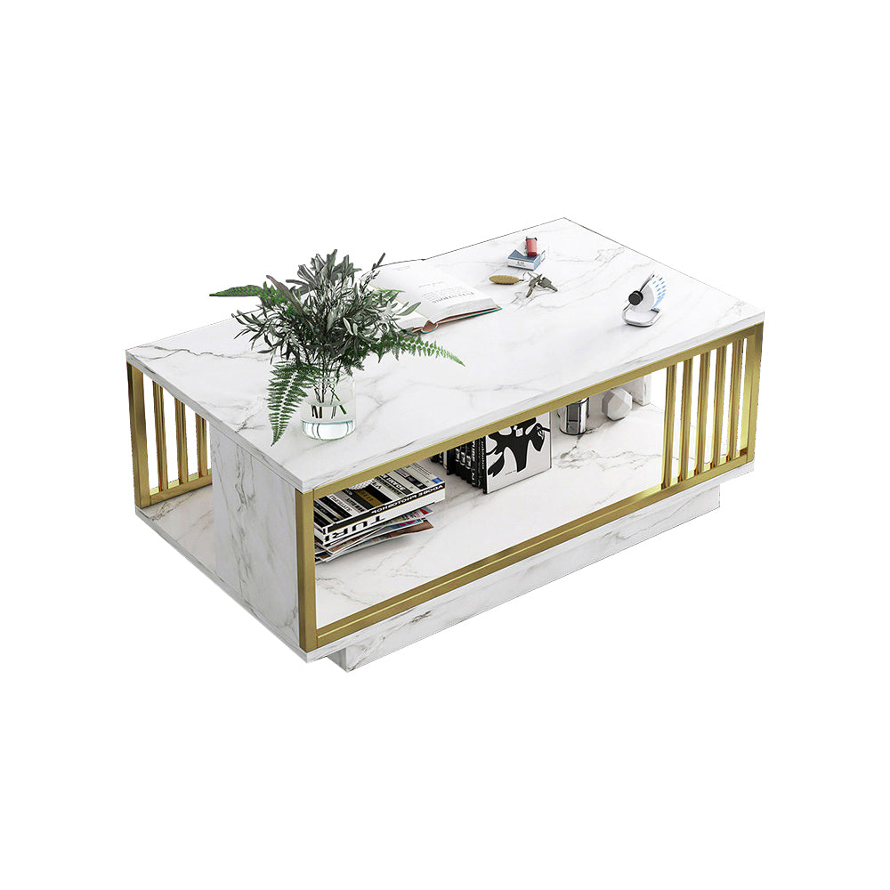 Eeeza Modern Faux Marble Coffee Table – Dual-Layer Storage, Gold Frame, 100/120cm Sizes