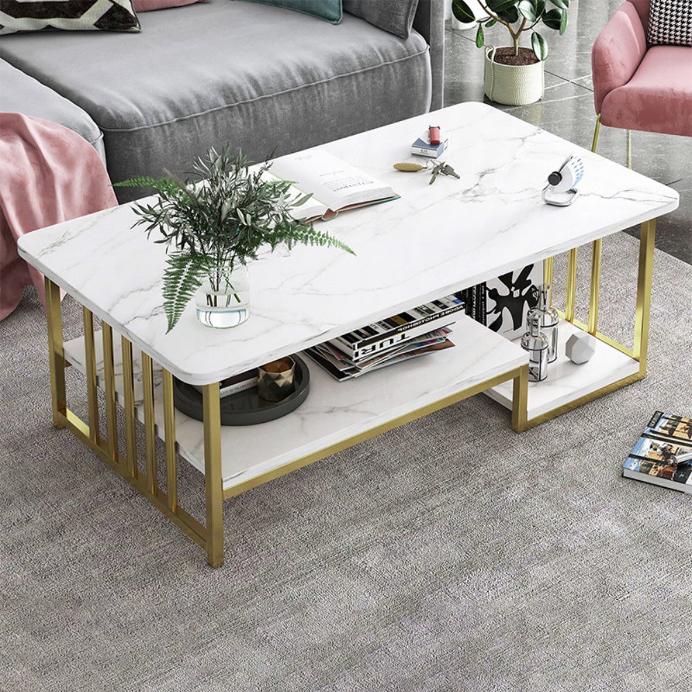 Eeeza Modern Faux Marble Coffee Table – Dual-Layer Storage, Gold Frame, 100/120cm Sizes