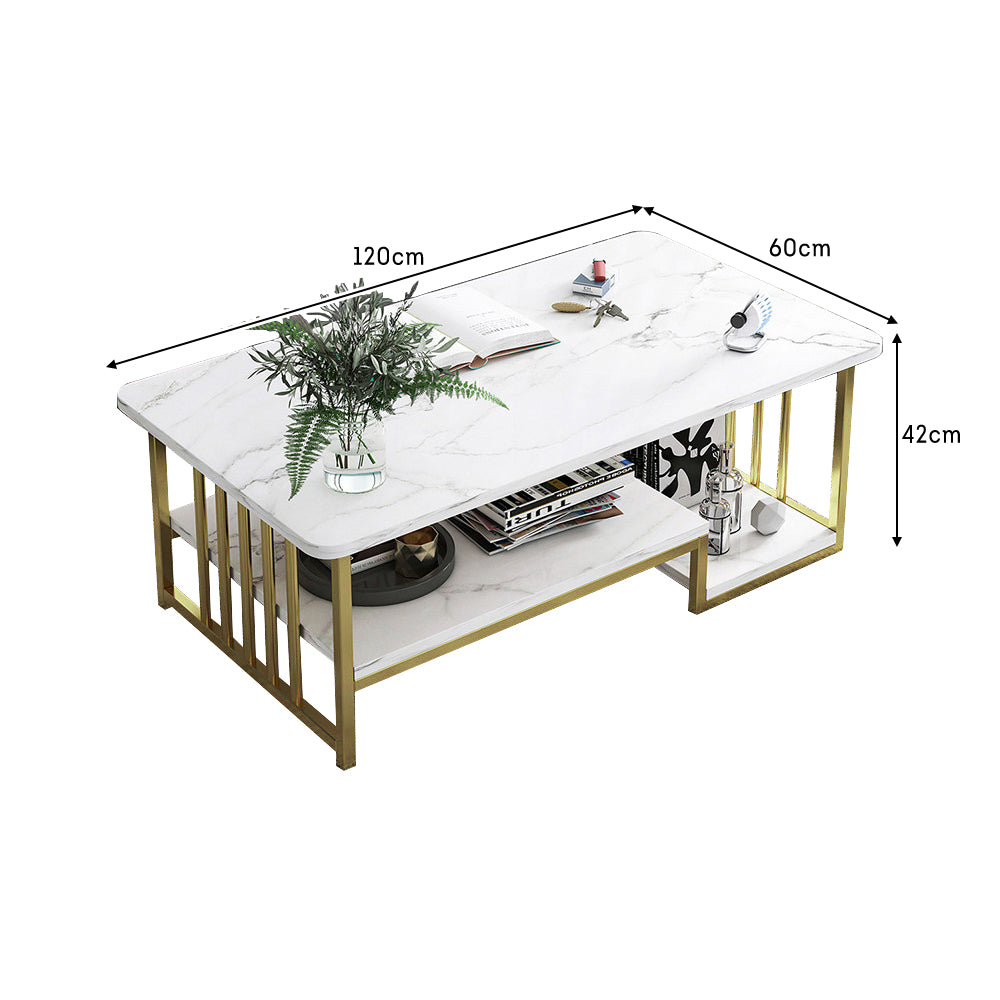 Eeeza Modern Faux Marble Coffee Table – Dual-Layer Storage, Gold Frame, 100/120cm Sizes