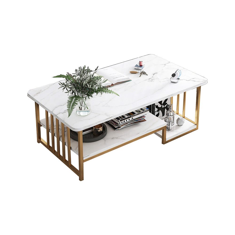 Eeeza Modern Faux Marble Coffee Table – Dual-Layer Storage, Gold Frame, 100/120cm Sizes