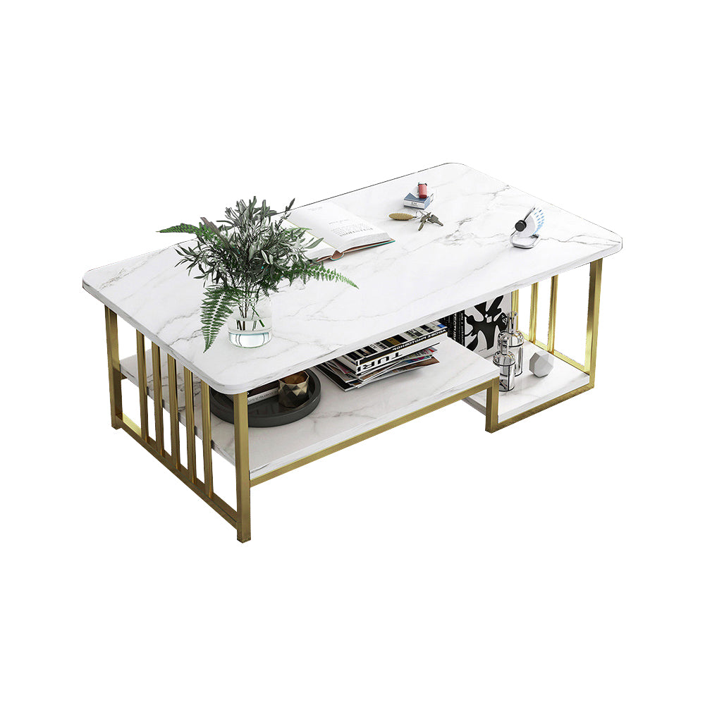 Eeeza Modern Faux Marble Coffee Table – Dual-Layer Storage, Gold Frame, 100/120cm Sizes