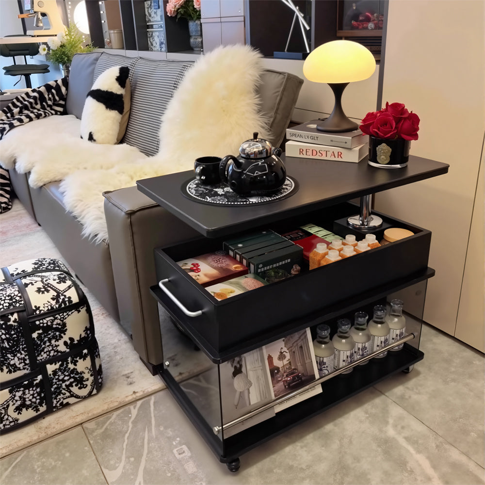 Eeeza Nordic Lift-Top Side Table with Storage & Mobility – Black Solid Wood