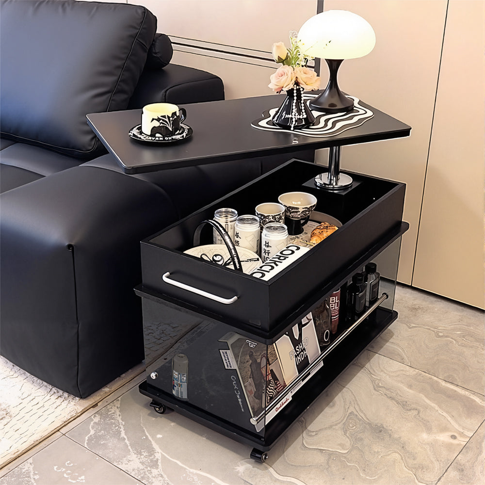Eeeza Nordic Lift-Top Side Table with Storage & Mobility – Black Solid Wood