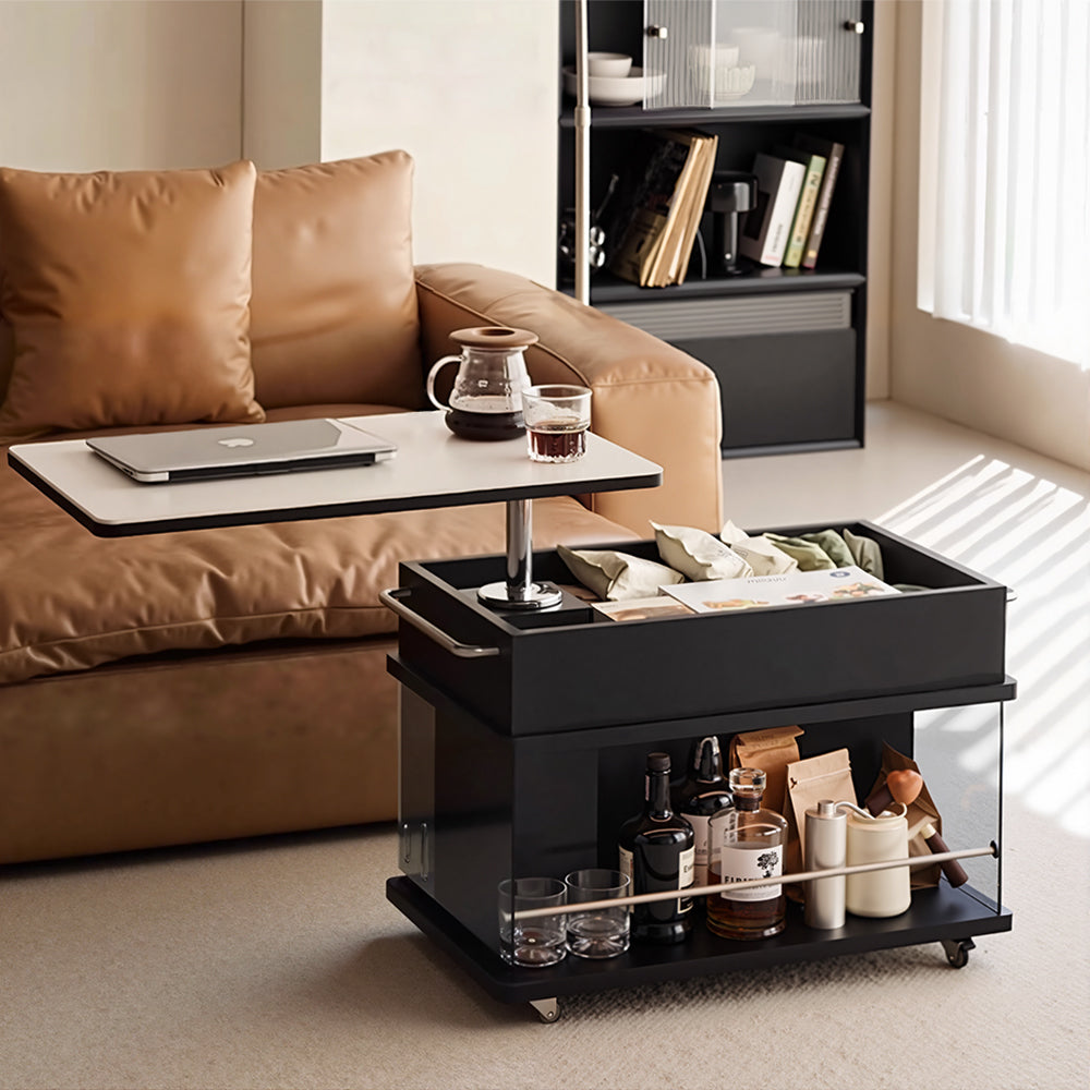 Eeeza Nordic Lift-Top Side Table with Storage & Mobility – Black Solid Wood