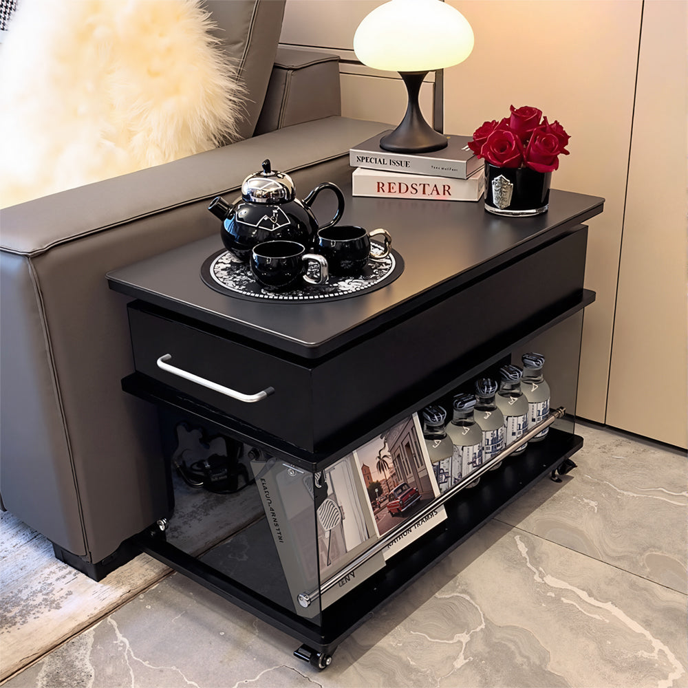 Eeeza Nordic Lift-Top Side Table with Storage & Mobility – Black Solid Wood