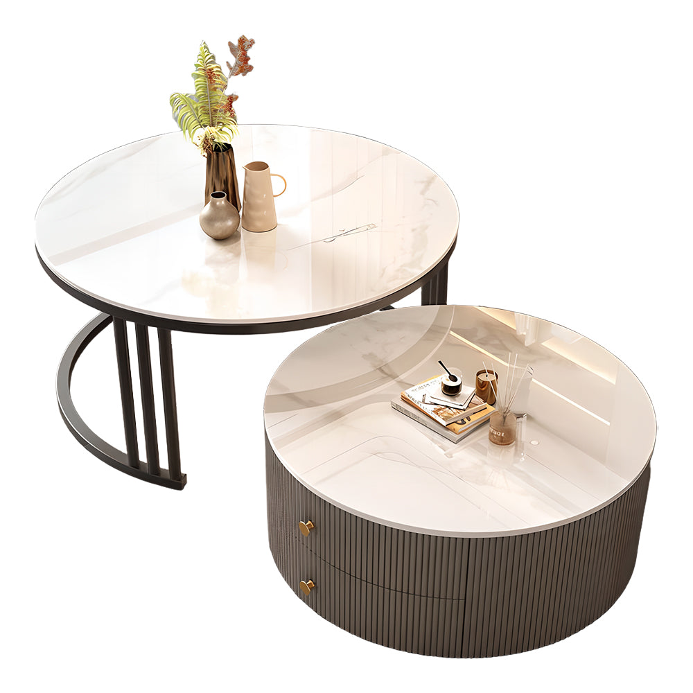 Eeeza Modern Nesting Coffee Table Set with Sintered Stone Top & Hidden Storage